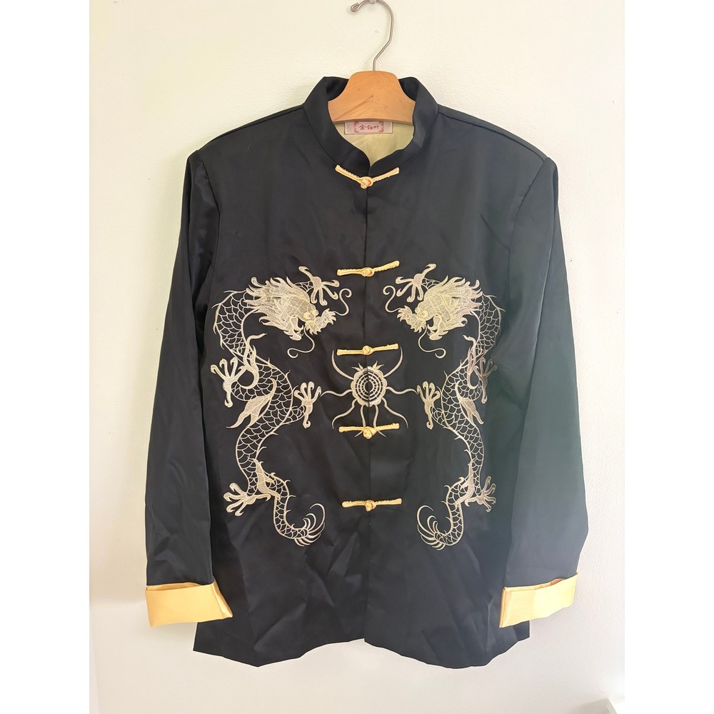 Vintage Black Dragon Embroidered Mandarin Collar Jacket Satin Chinese Style M
